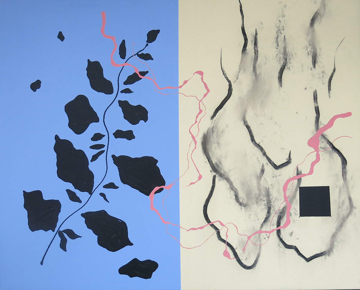 abstaktes Werk von Albert Merz: links ein blauer Grund mit schwarzen, Blattförmigen Elementen, rechts ein heller Grund mit Linien in schwarz und rosa